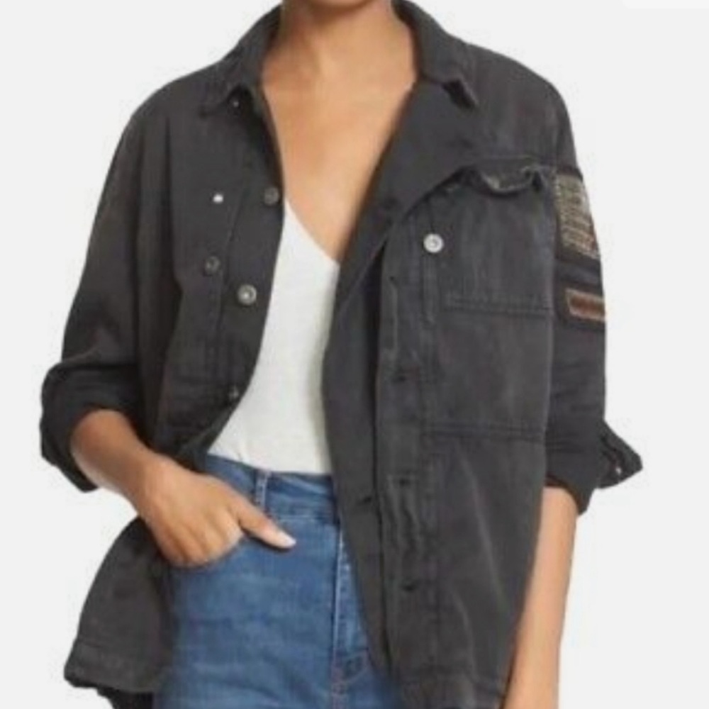 Free People Beaded Military Shirt Jacket